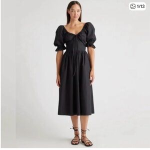 NWT Quince cotton linen black puff sleeve milkmaid midi dress size small
